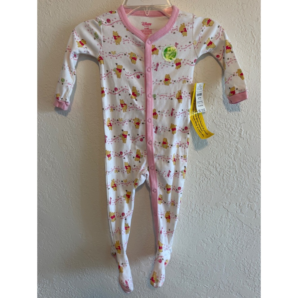 Disney Store Winnie the Pooh Organic Cotton Footed Sleeper Pink White 12M NWT